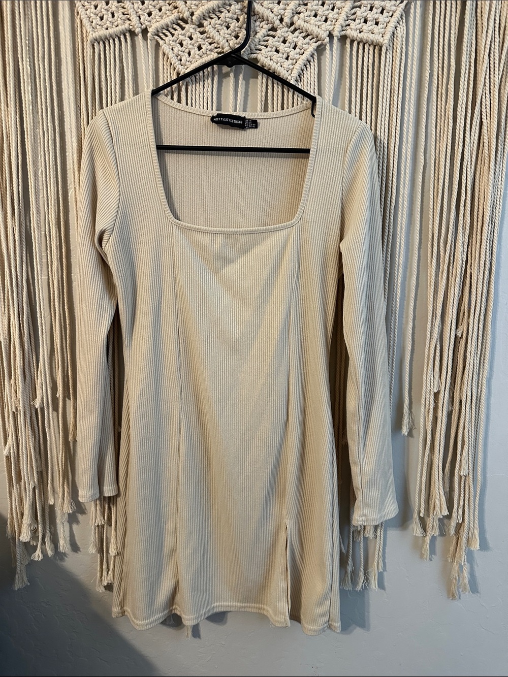 PrettyLittleThing Cream Rib Knit Long Sleeve Square Neck Dress